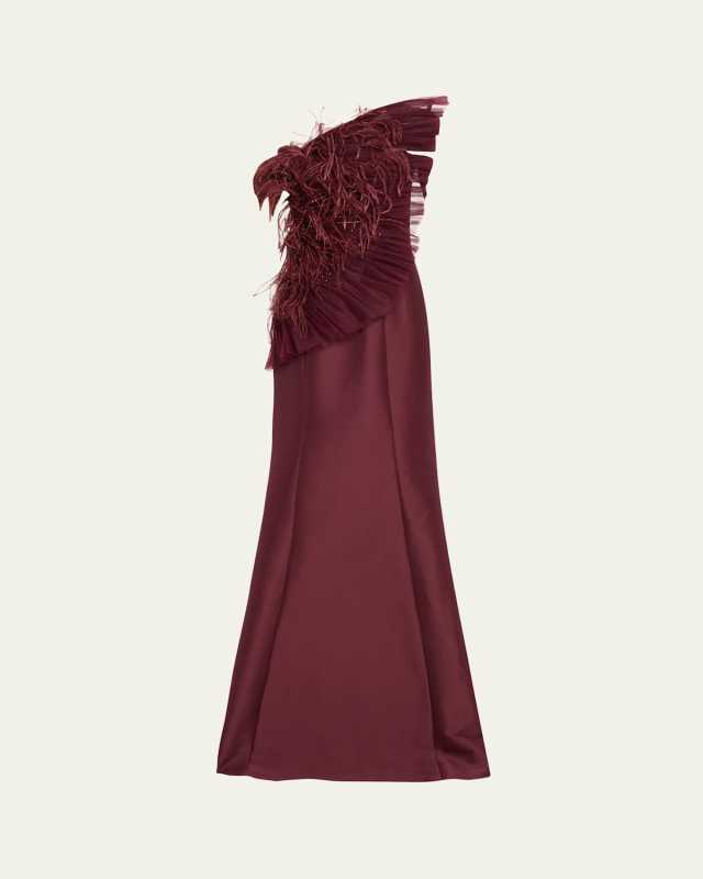 Strapless Feather-Embellished Fan Ruffle Gown